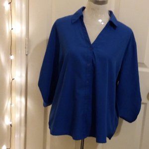 Blue Button down shirt with small black polka dots